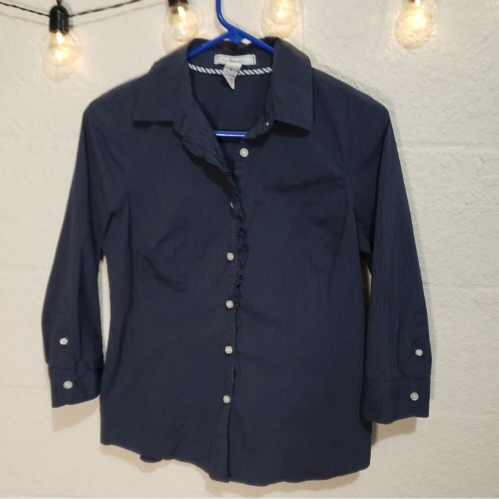 G. H Bass & Co Pinstripe Button Down Ruffle Top Size Medium